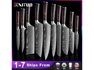 10 Pcs Set Kitchen Knives Japanese Santoku Knife